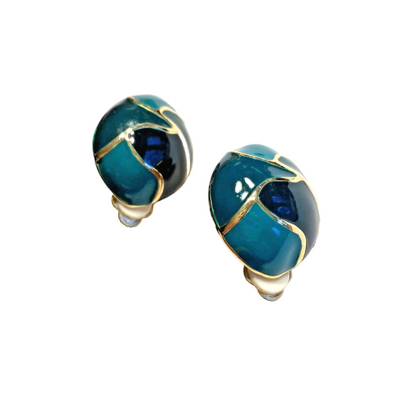 Vintage 80’s Clip On Earrings Chunky Fashion Gold & Teal Green Enamel Oval Domes - Picture 2 of 7